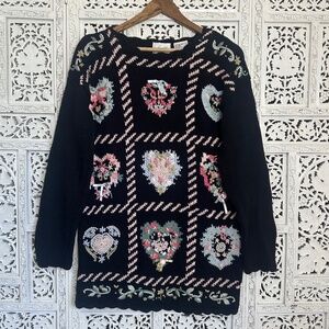 Vintage Kathie Lee Embroidered Heart Sweater Grannycore Cottagecore Sz Small